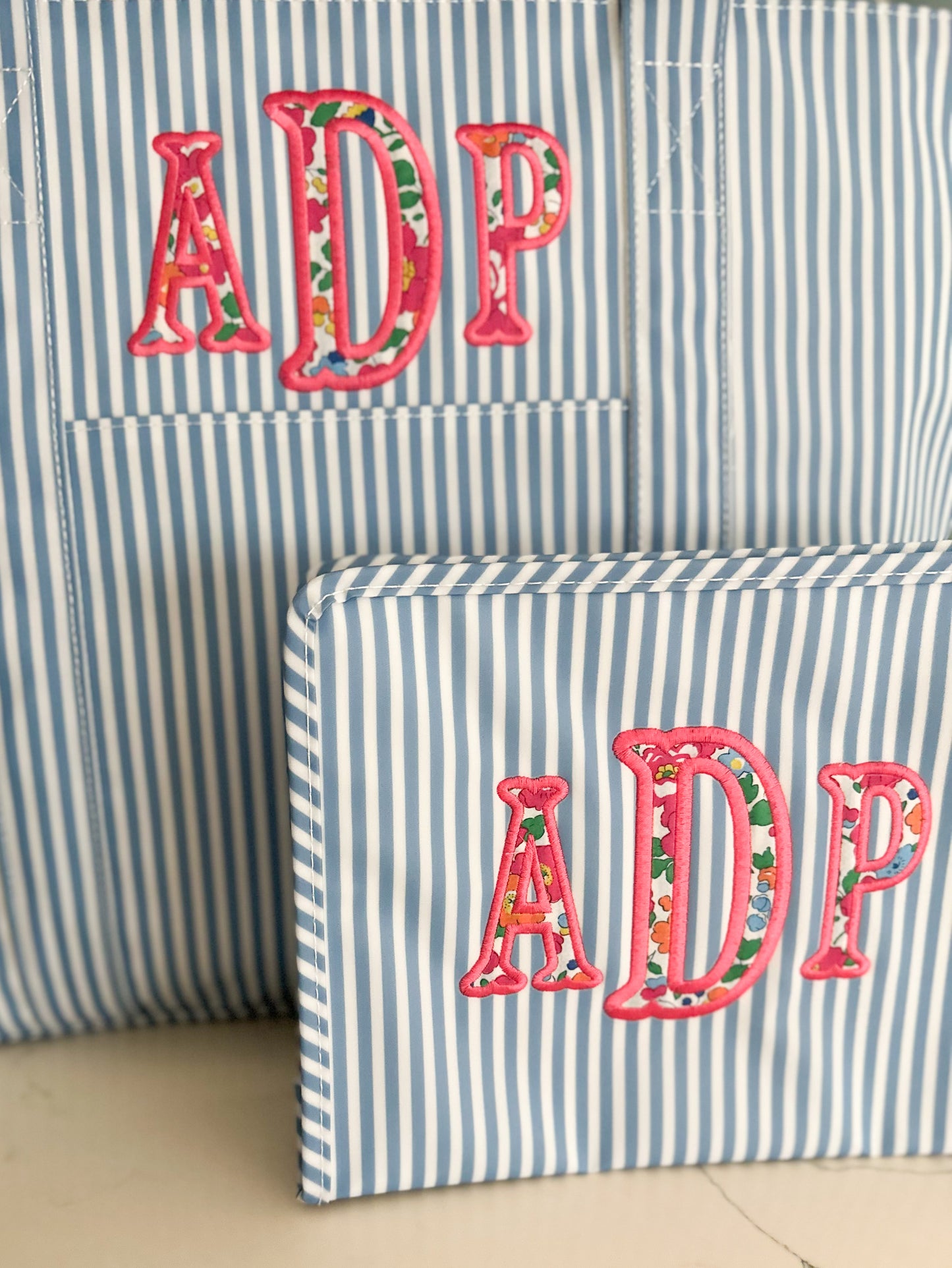 Chambray Stripe Roadie with Floral Monogram Applique