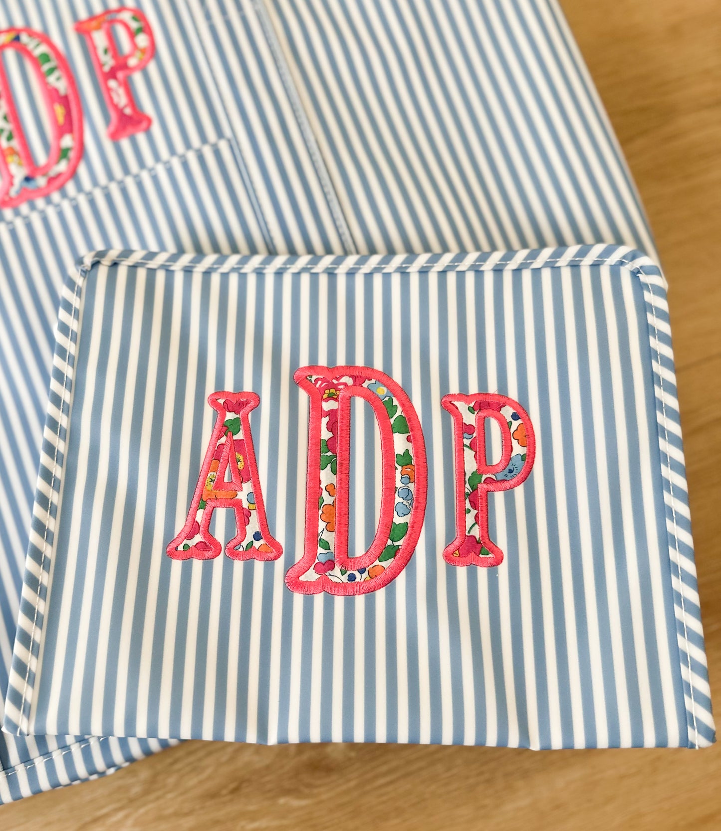Chambray Stripe Roadie with Floral Monogram Applique