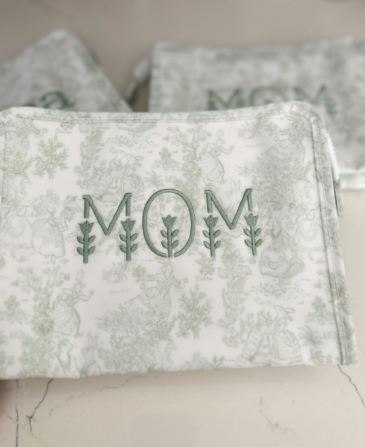 Mom Scandi Floral Embroidered Green Bunny Toile Medium Roadie