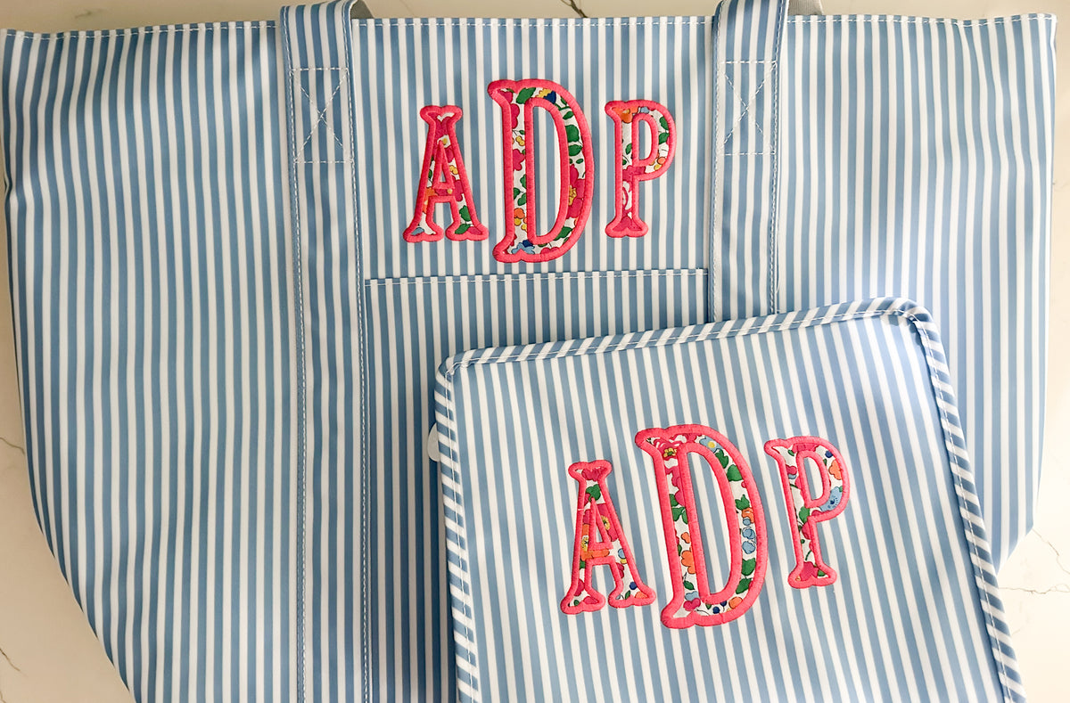 Chambray Stripe Jumbo Tote with Floral Monogram Applique
