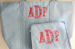 Chambray Stripe Jumbo Tote with Floral Monogram Applique
