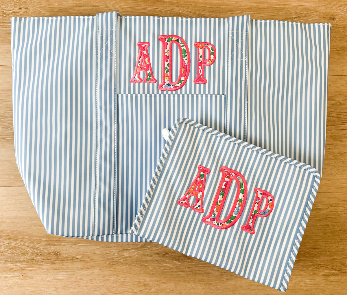 Chambray Stripe Jumbo Tote with Floral Monogram Applique
