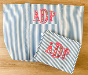 Chambray Stripe Jumbo Tote with Floral Monogram Applique