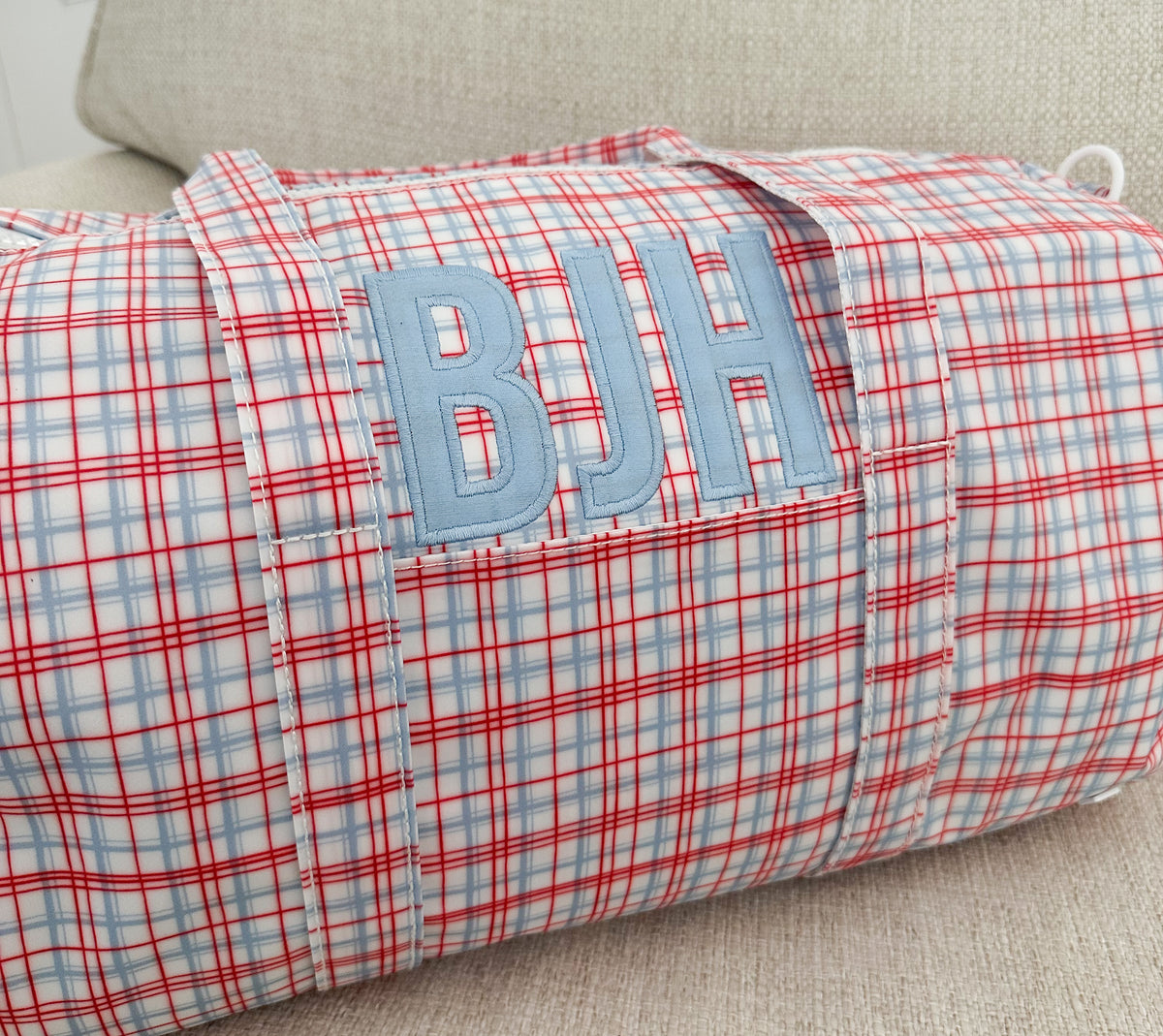 Weekender Duffle in Classic Plaid Red with Applique