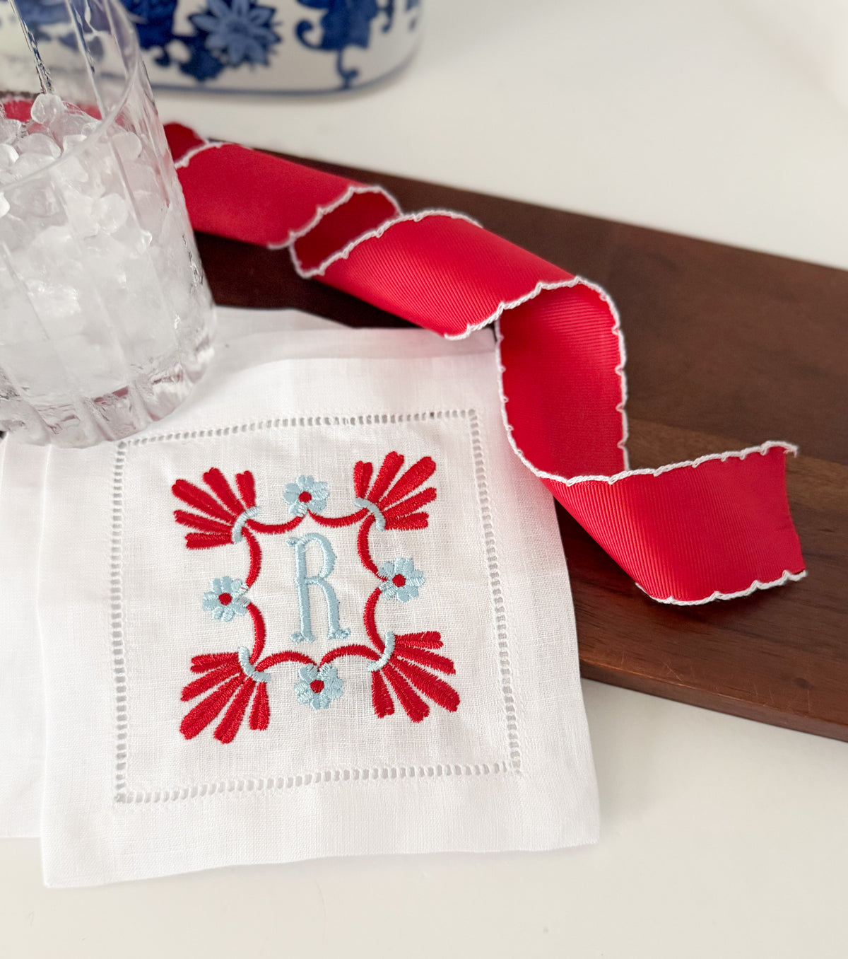 4th of July Single Monogram Edith Frame Cocktail Napkins