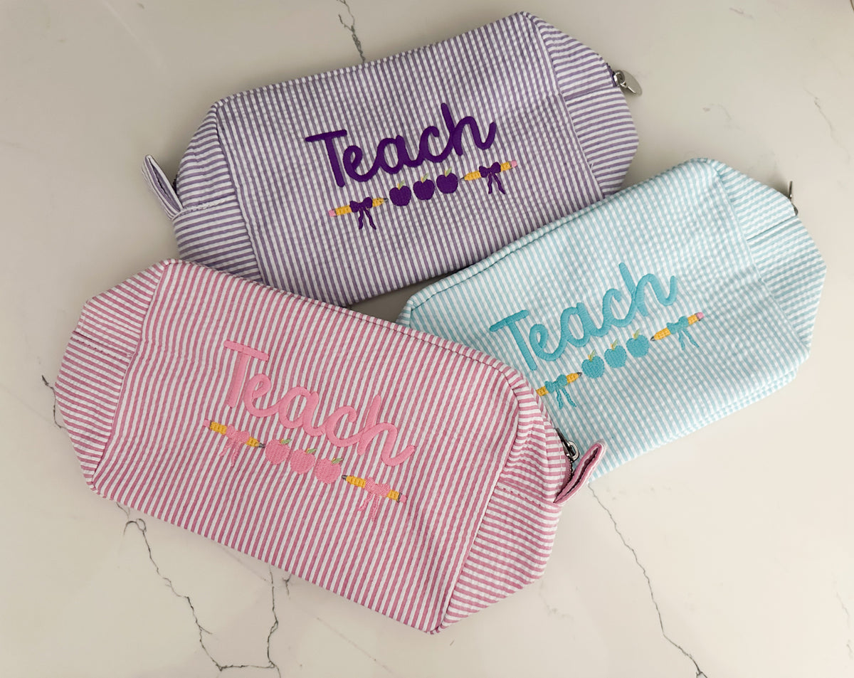 “Teach” Embroidered Gingham Everything Bag