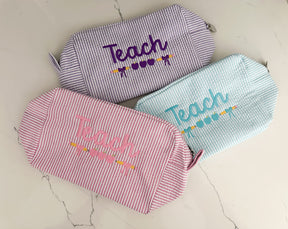 “Teach” Embroidered Gingham Everything Bag