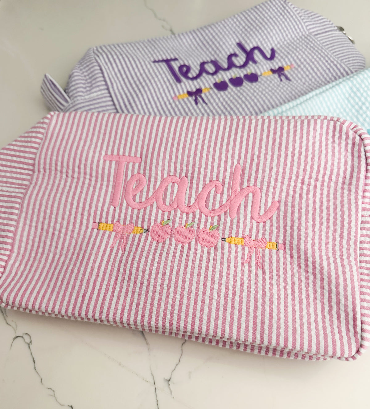 “Teach” Embroidered Gingham Everything Bag