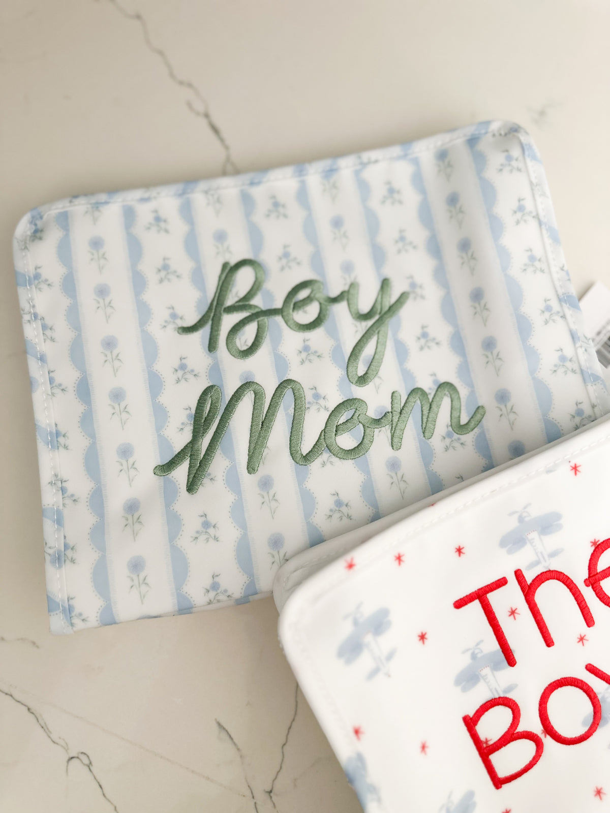 Blue Floral Ribbon “Boy Mom” Embroidered Large Roadie
