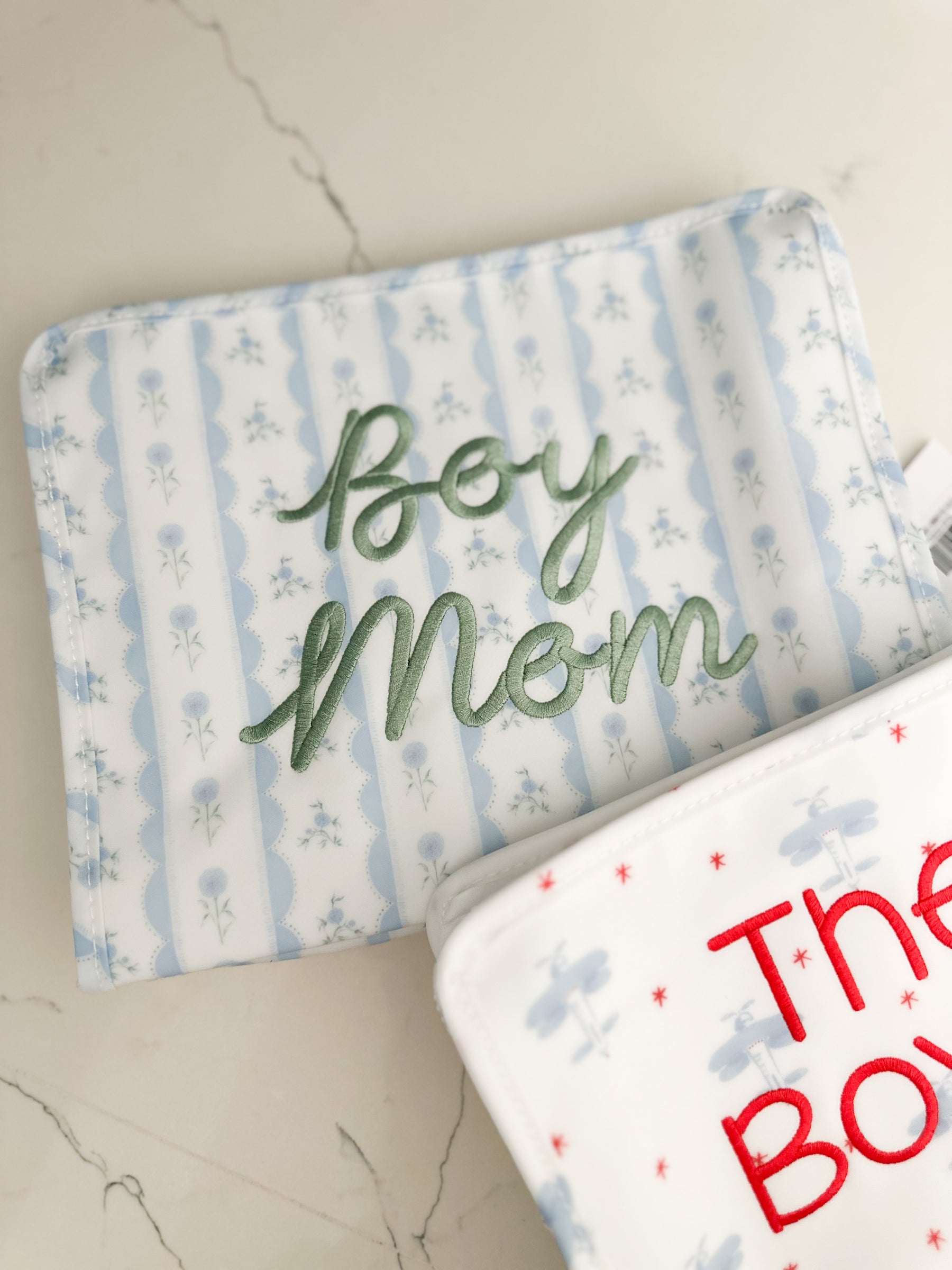 Blue Floral Ribbon “Boy Mom” Embroidered Large Roadie
