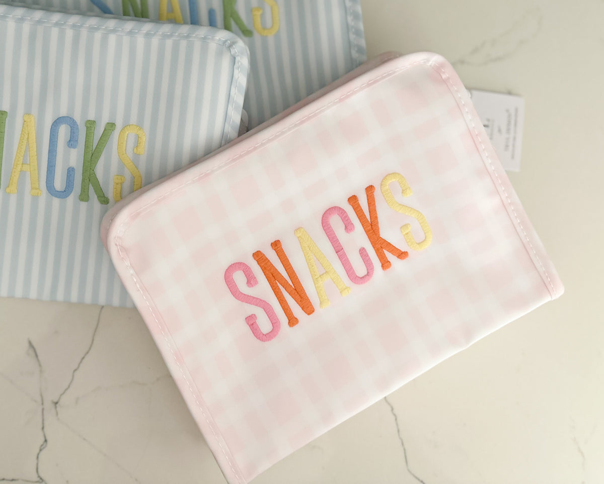 Pink Pimlico Plaid “Snacks” Embroidery- Medium Roadie