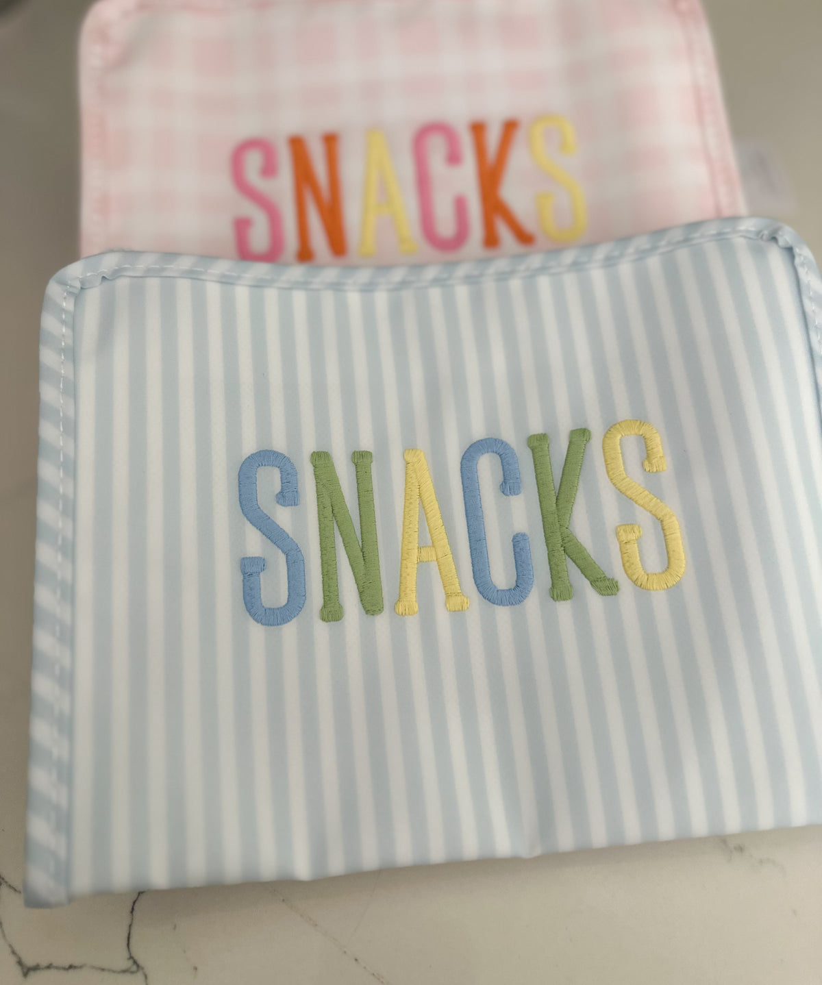 Blue Pimlico Stripe “Snacks” Embroidery- Medium Roadie