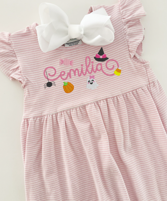 Knit Stripe Flutter Sleeve Bubble with Halloween Name