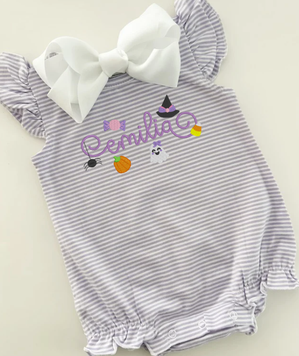 Knit Stripe Flutter Sleeve Bubble with Halloween Name