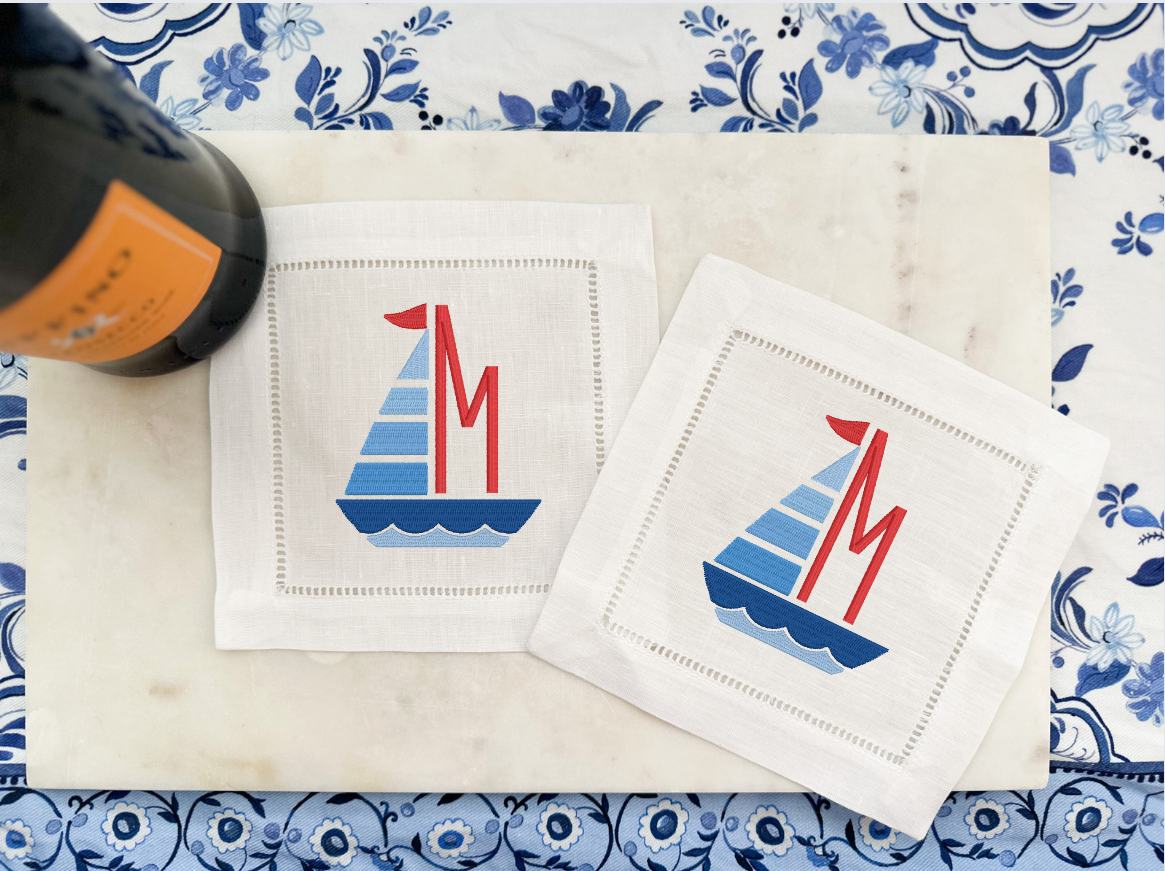 Sailboat Initial Linen Cocktail Napkins