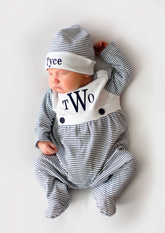 NAVY MINI STRIPE BIB FRONT FOOTIE AND HAT